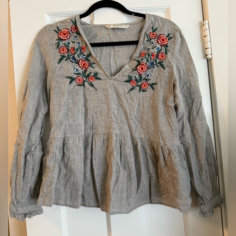 ZARA Basic Embroidered Peplum Top Size M